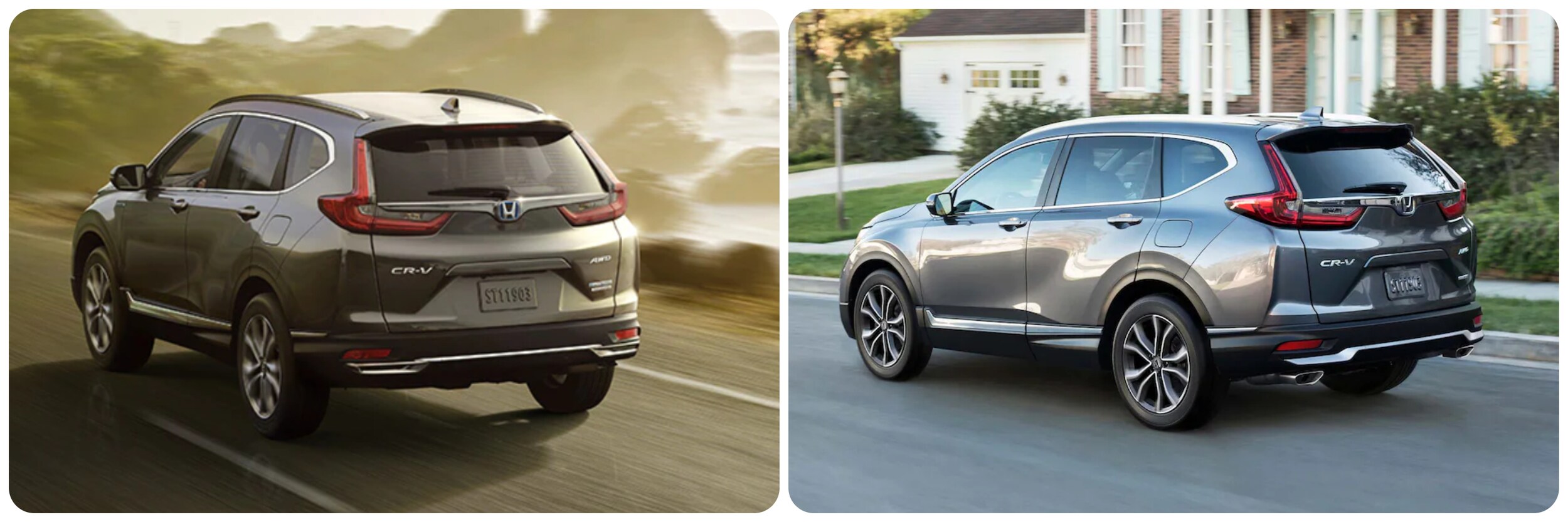 2022-Honda-CR-V-Vs-2021-Honda-CR-V-5.jpg On the left a view of the rear of a gray 2022 Honda CR-V as it cruises down an oceanside road in the late day. On the right a view of the profile and back of a gray 2021 Honda CR-V as it drives down a suburban road past houses during the day