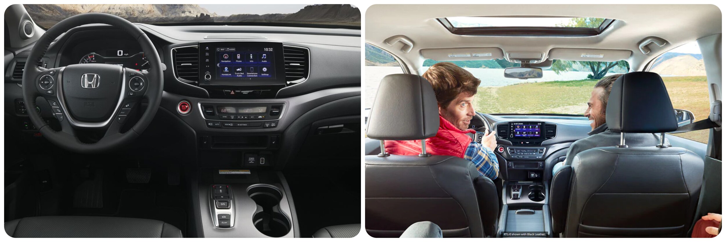 32021-vs-2022-Honda-Ridgeline-2.jpg On the left a view of the interior dash of an all black interior in a 2021 Honda Ridgeline. On the right, a vie of the front row of seating and dash of a 2022 Honda Ridgeline in a gray and black interior with two males sitting in the front