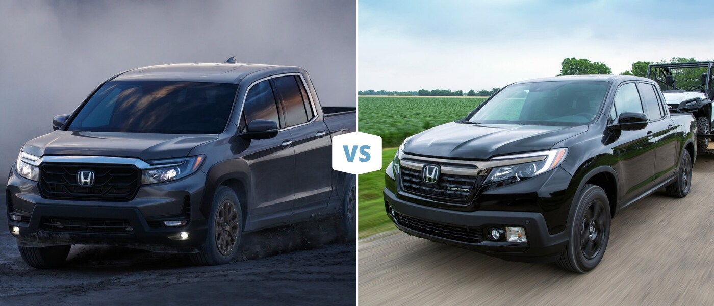 2021 vs. 2020 Honda Ridgeline Exterior Comparison.png A new 2021 vs. 2020 Honda Ridgeline Black Edition in-motion driving down an open road compared to towing a small ATV on a country road