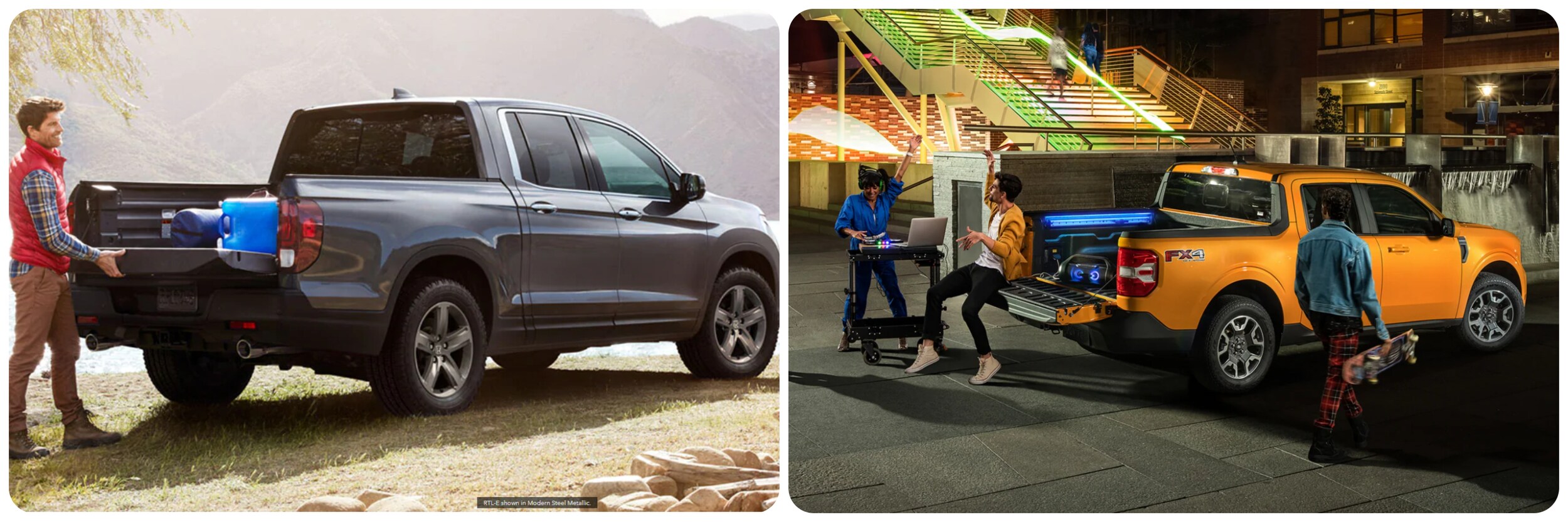 2022-Honda-Ridgeline-Vs-Ford-Maverick-1.jpg On the left a gray 2022 Honda Ridgeline sits parked on a grass field with the back gate open and a man loading in cargo. On the right, a yellow 2022 Ford Ridgeline sits parked in an urban setting at night with brick buildings, neon lights, and several people playing music while hanging out nearby