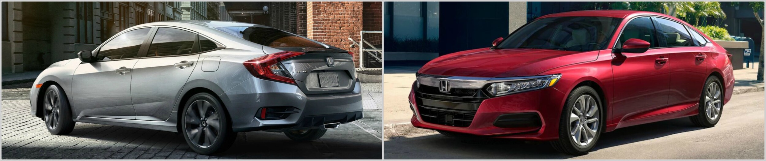 2020-honda-civic-vs-2020-honda-accord-exterior-bumper-front.jpg a silver Honda Civic near a red Honda Accord parked on the street