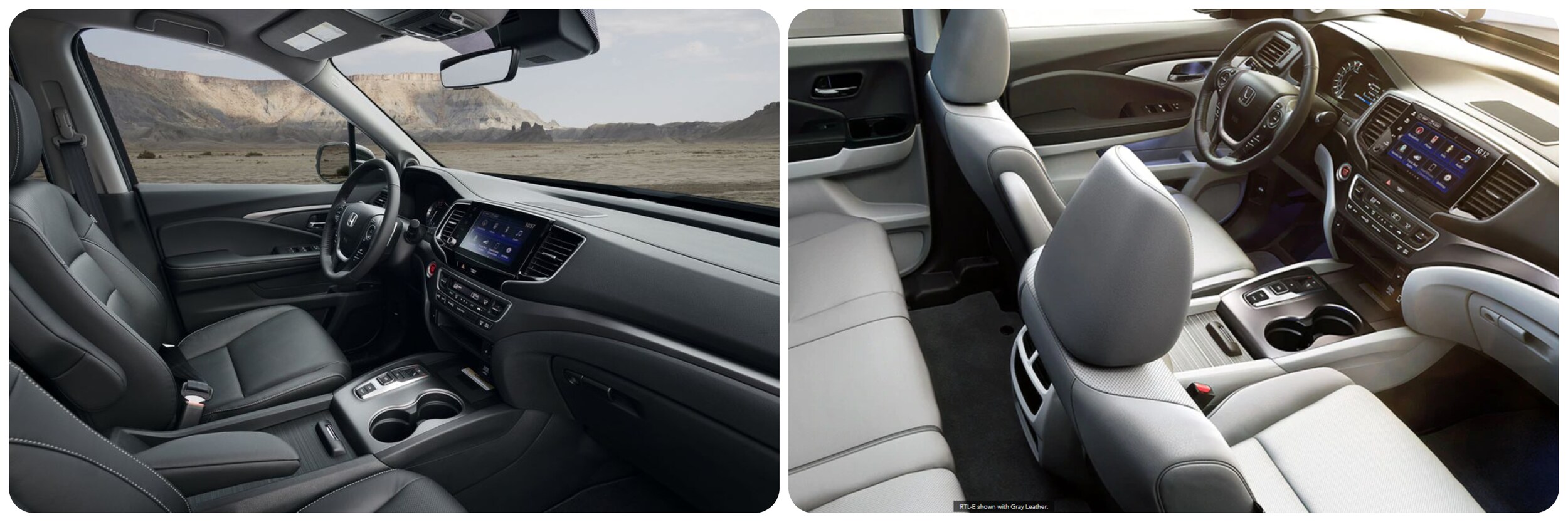 2021-vs-2022-Honda-Ridgeline-2.jpg On the left a dark gray interior shot of the 2021 Honda Ridgeline from the passenger's door. On the right a light gray and black interior of a 2022 Honda Ridgeline