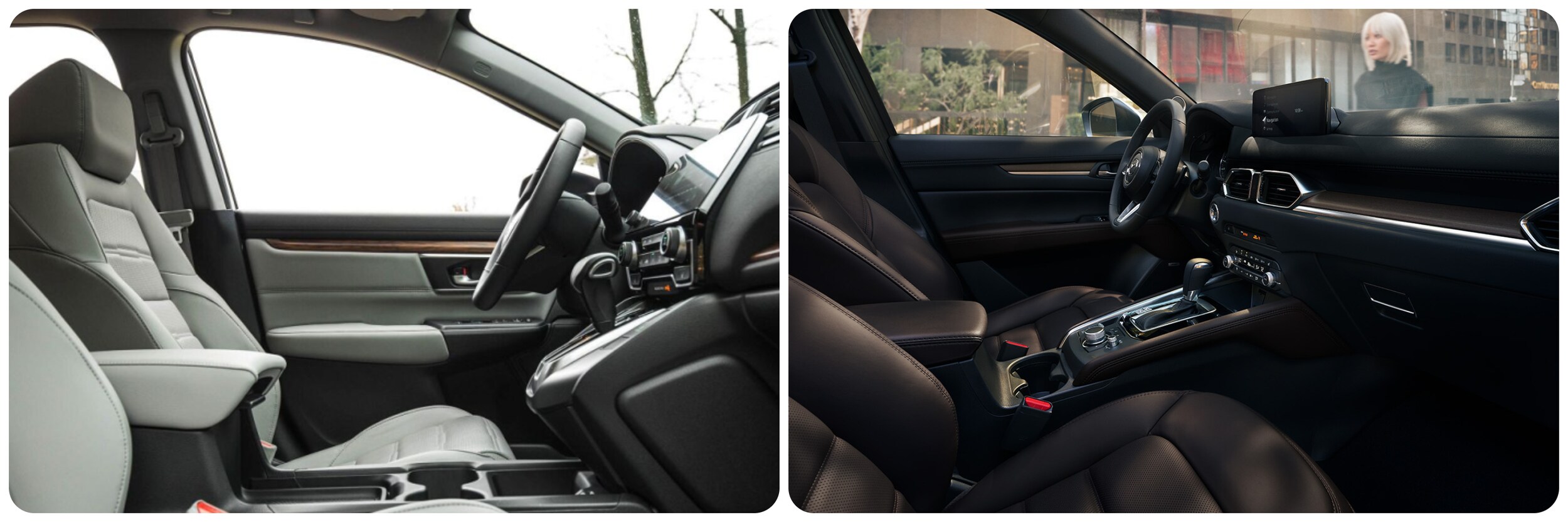 2023-honda-crv-vs-mazda-cx5-4.jpg A view of the dash and infotainment systems of the 2023 Honda CR-V on the left and the 2023 Mazda CX-5 on the right
