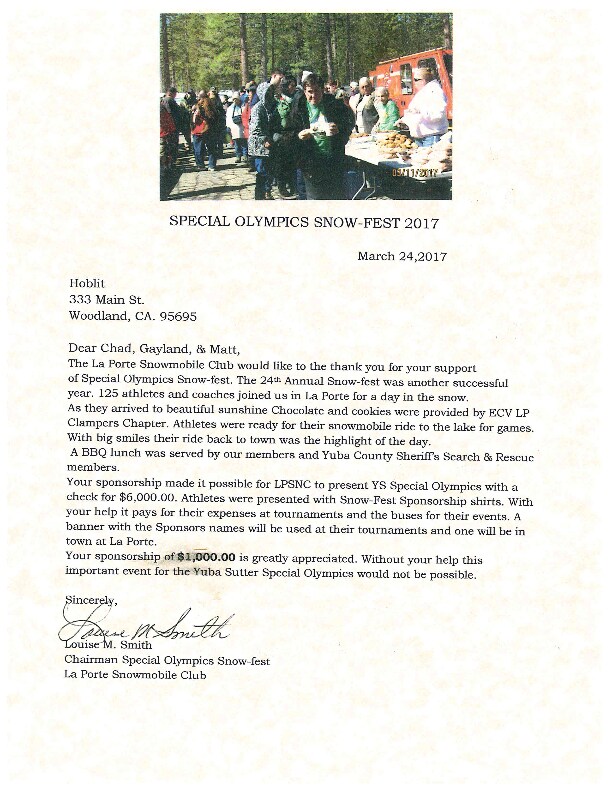 Special Olympics Snow Fest 2017 Letter to Hoblit