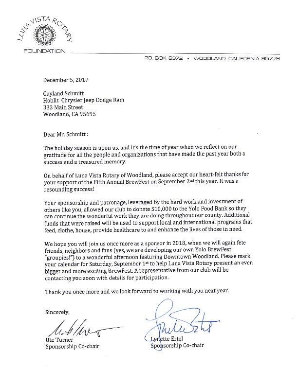 Luna Vista Rotary Foundation Letter To Hoblit