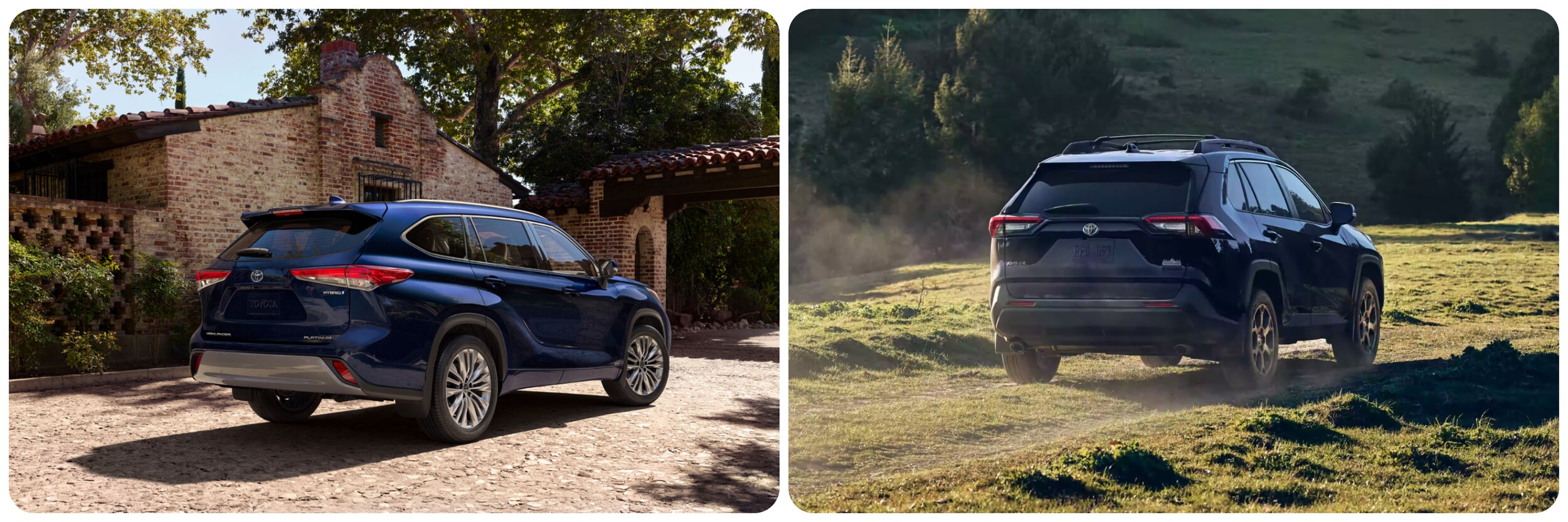 2023-toyota-highlander-vs-rav-4-3.jpg On the left a view of the back of a blue 2023 Toyota Highlander, and a view of the 2023 Toyota RAV4's on the right