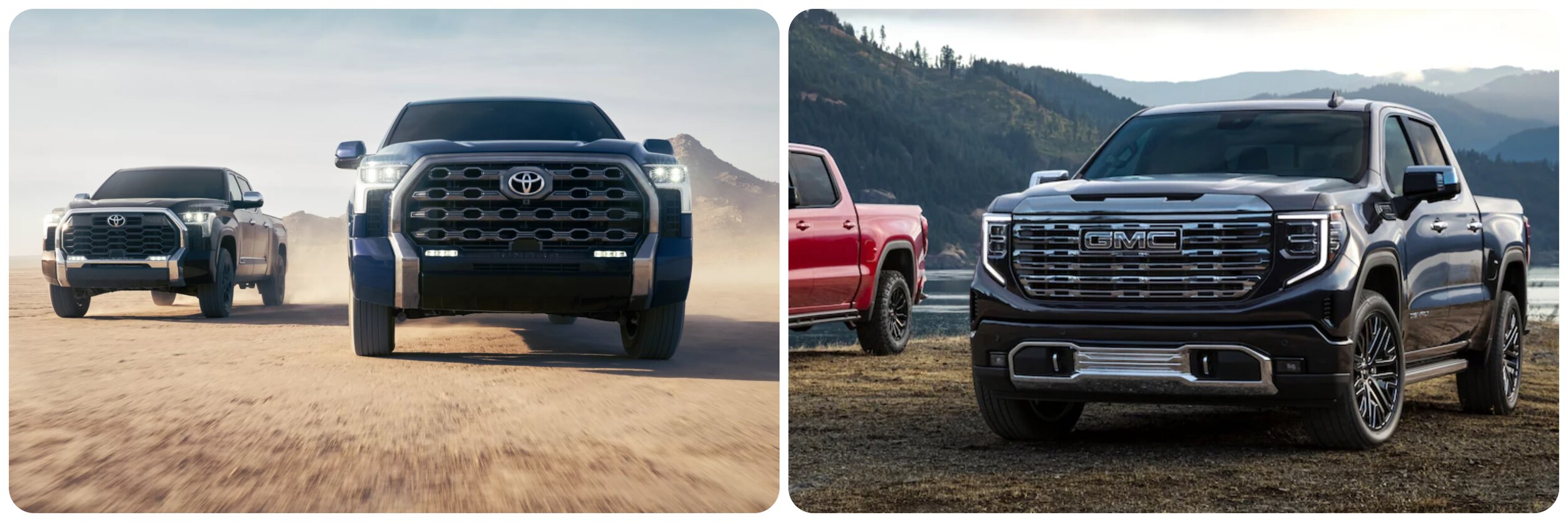 2022-toyota-tundra-vs-gmc-sierra-1.jpg On the left a pair of 2022 Toyota Tundras drive towards the viewer on a dirt field. On the right a pair of 2022 GMC Sierra trucks sit parked next to a lake
