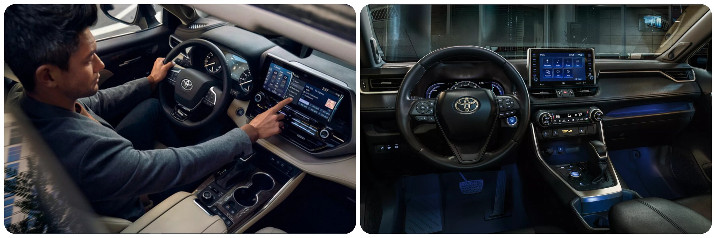 2022-Toyota-Highlander-vs-RAV4-1.jpg On the left a man sits in the driver's seat and uses the infotainment system in a 2022 Toyota Highlander, and on the right a view of the dash and infotainment system of a 2022 Toyota RAV4