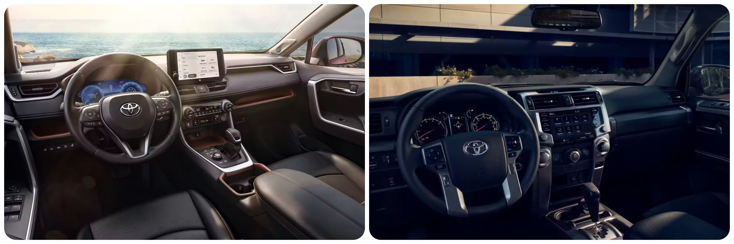 2023-toyota-rav4-vs-toyota-4runner-2.jpg A view of the dash and infotainment system of a 2023 Toyota RAV4 on the left and the 2023 Toyota 4Runner on the right