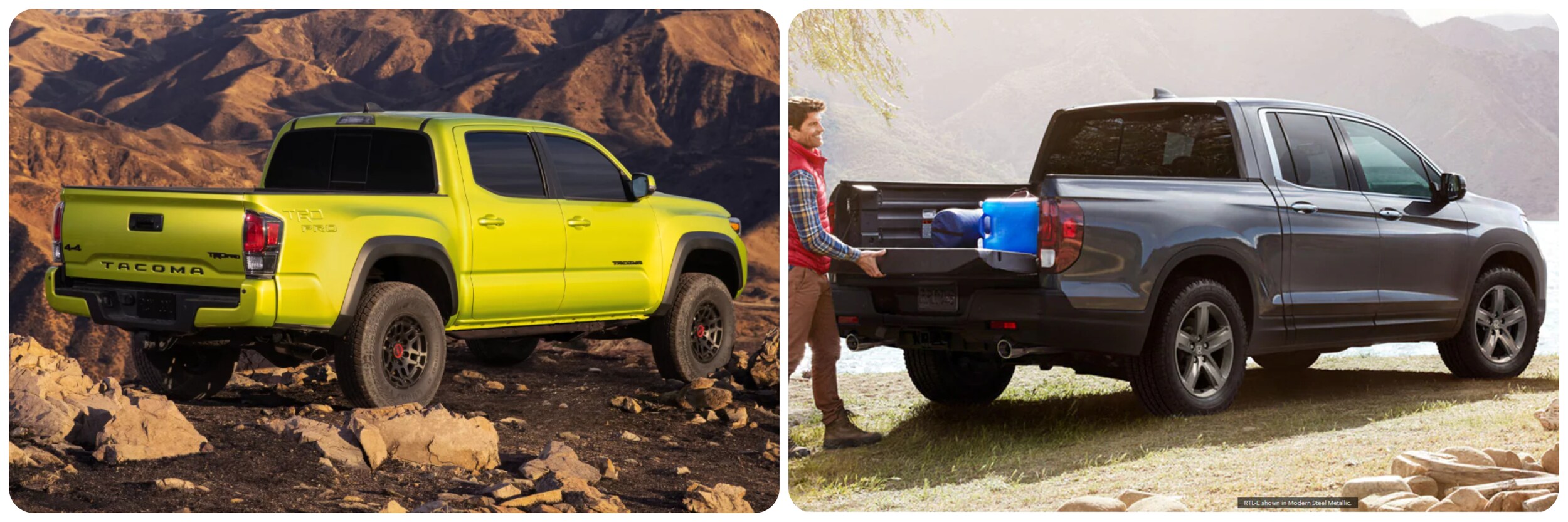 2022-toyota-tacoma-vs-honda-ridgeline-2.jpg On the right a view of the profile and tailgate of a lime green 2022 Toyota Tacoma and on the right the same view of a 2022 Honda Ridgeline in gray