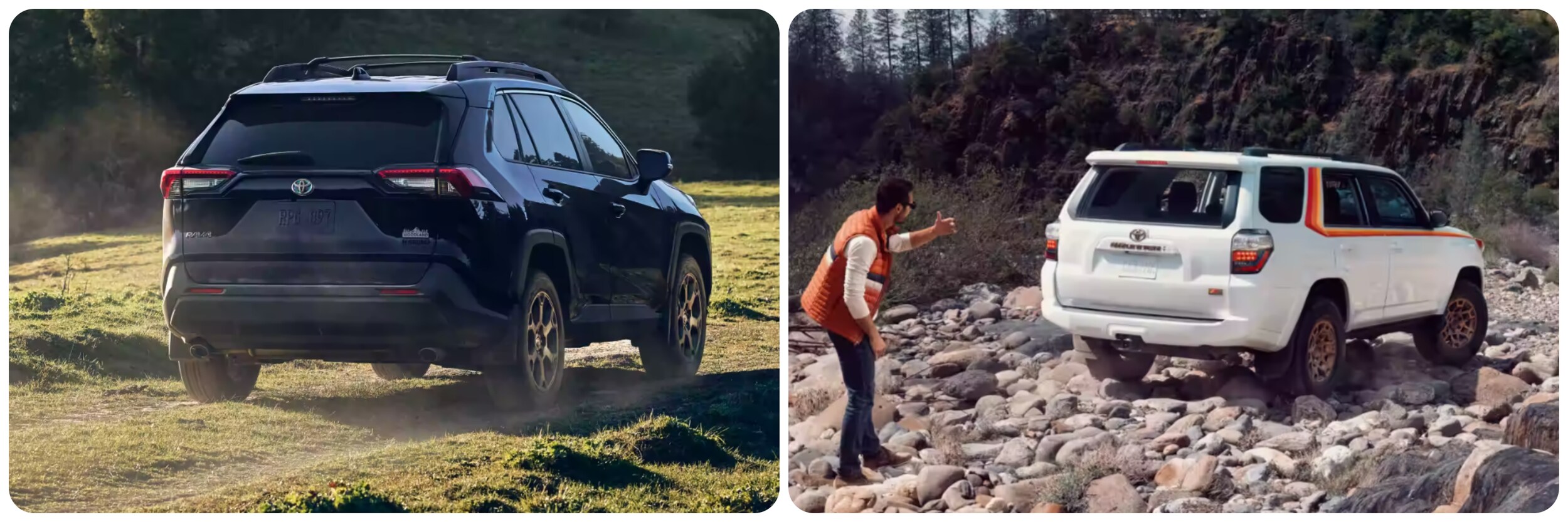 2023-toyota-rav4-vs-toyota-4runner-4.jpg On the left a view of the back of a black 2023 Toyota RAV4 parked in a field, on the right a white 2023 Toyota 4Runner parked on a rocky landscape