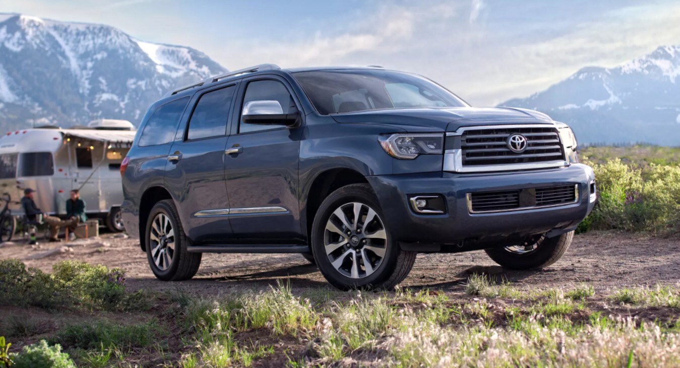 2022 Toyota Sequoia Off-Road View.jpg A dark gray 2022 Toyota Sequoia sits parked at a campsite