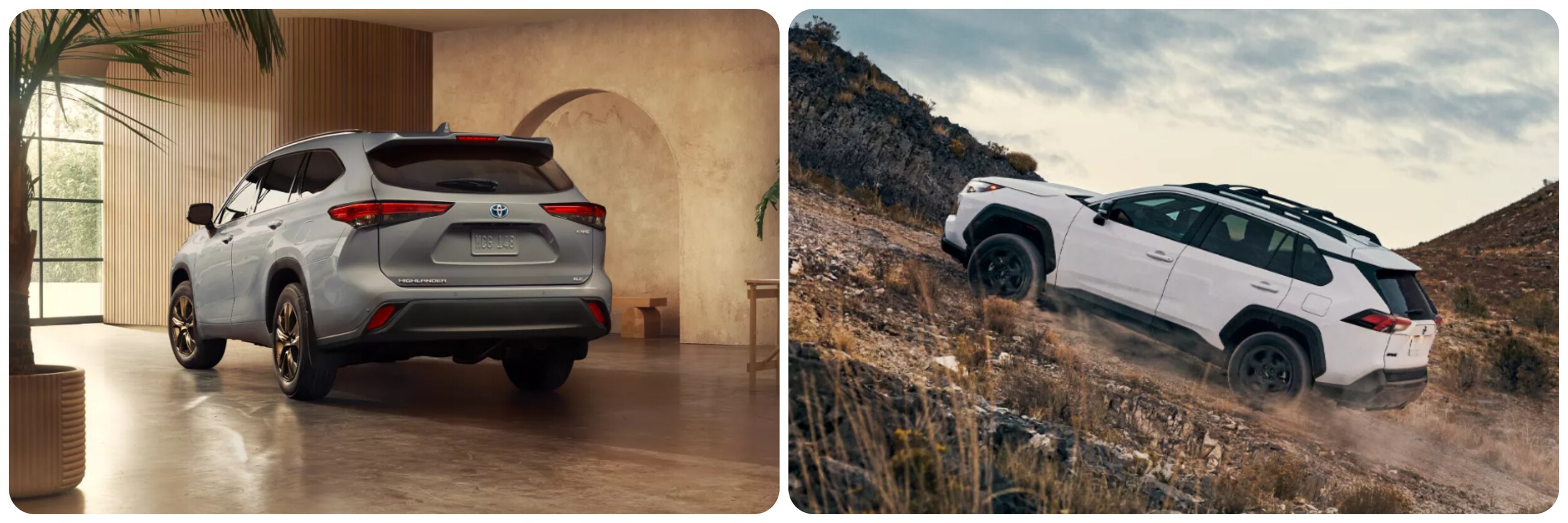 2022-Toyota-Highlander-vs-RAV4-5.jpg On the left a view of the back of a gray 2022 Toyota Highlander and on the right a white 2022 Toyota RAV4 climbs a dirt road