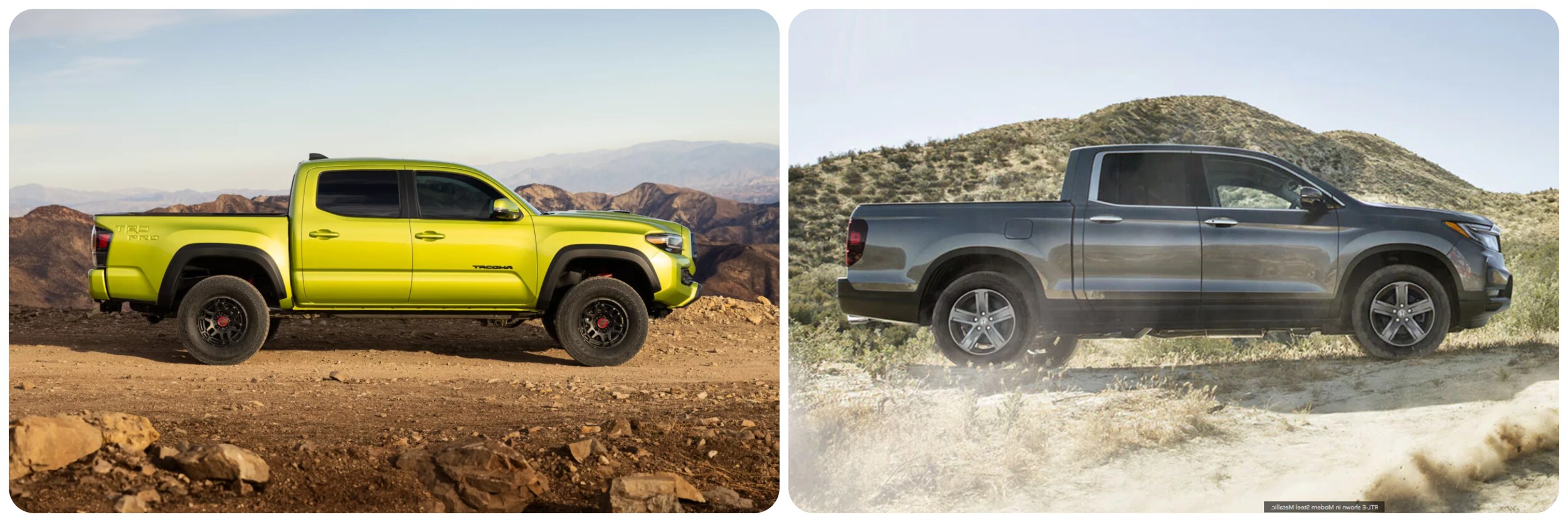 2022-toyota-tacoma-vs-honda-ridgeline-4.jpg On the left a profile view of a lime green 2022 Toyota Tacoma and on the right a profile view of a gray 2022 Honda Ridgeline