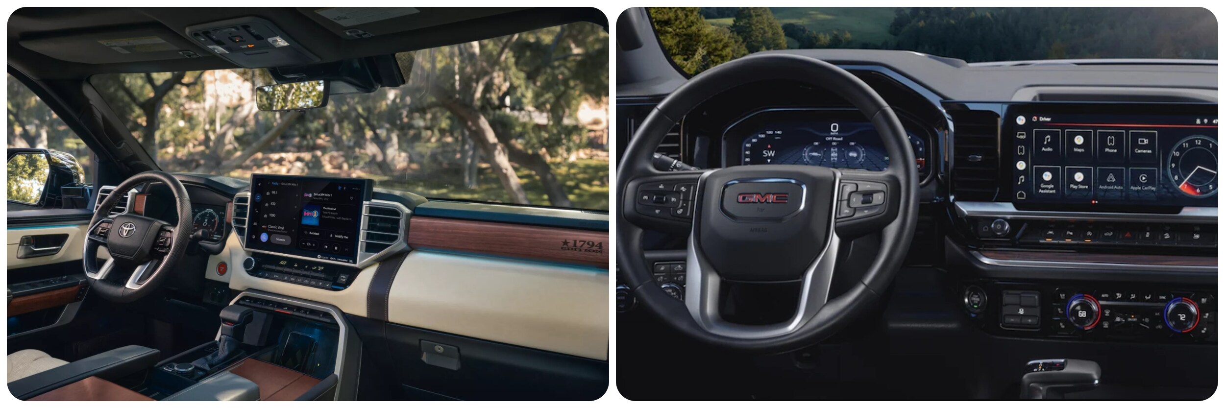 2022-toyota-tundra-vs-gmc-sierra-2.jpg On the left a view of the cream and wood-trimmed dash of a 2022 Toyota Tundra and on the right a view of the all black dash of a 2022 GMC Sierra