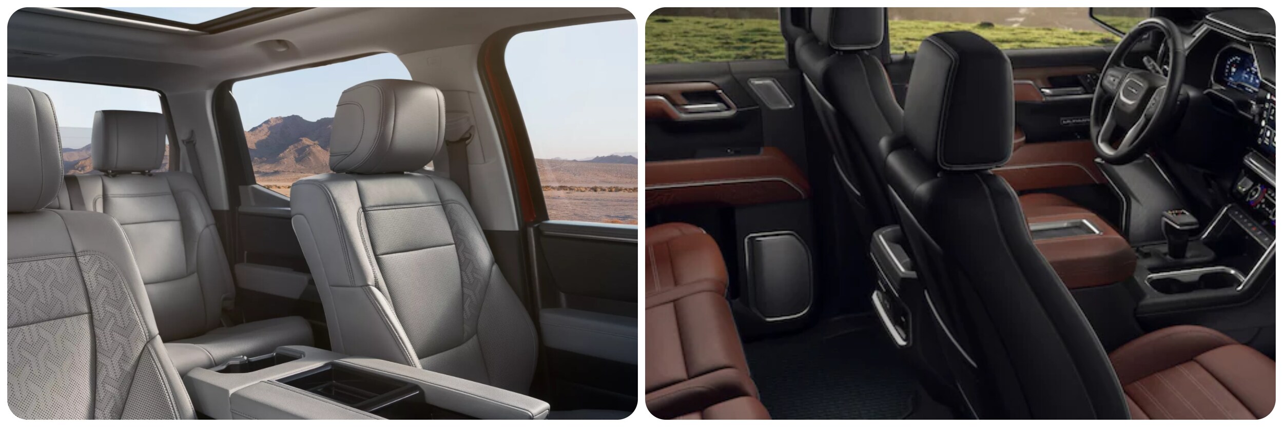 2022-toyota-tundra-vs-gmc-sierra-3.jpg On the left a view of the light gray upholstered cabin of a 2022 Toyota Tundra. On the right a view of the cabin of a brown leather upholstered cabin of a 2022 GMC Sierra