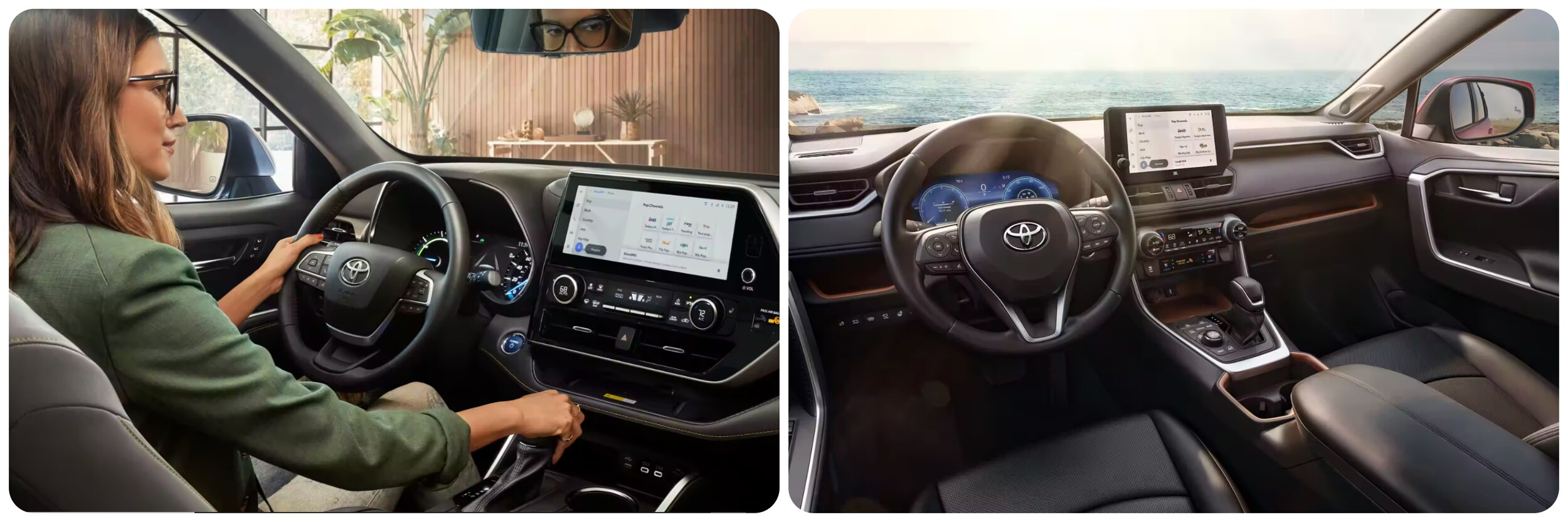 2023-toyota-highlander-vs-rav-4-4.jpg On the left a view of the 2023 Toyota Highlander dash and infotainment system, and a view of the 2023 Toyota RAV4's on the right