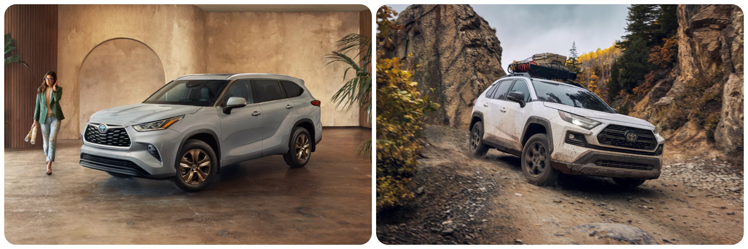 2022-Toyota-Highlander-vs-RAV4-3.jpg On the left a 2022 Toyota Highlander in gray sits in a concrete art studio, on the right a white 2022 Toyota RAV4 in white takes a dirt road in rocky terrain
