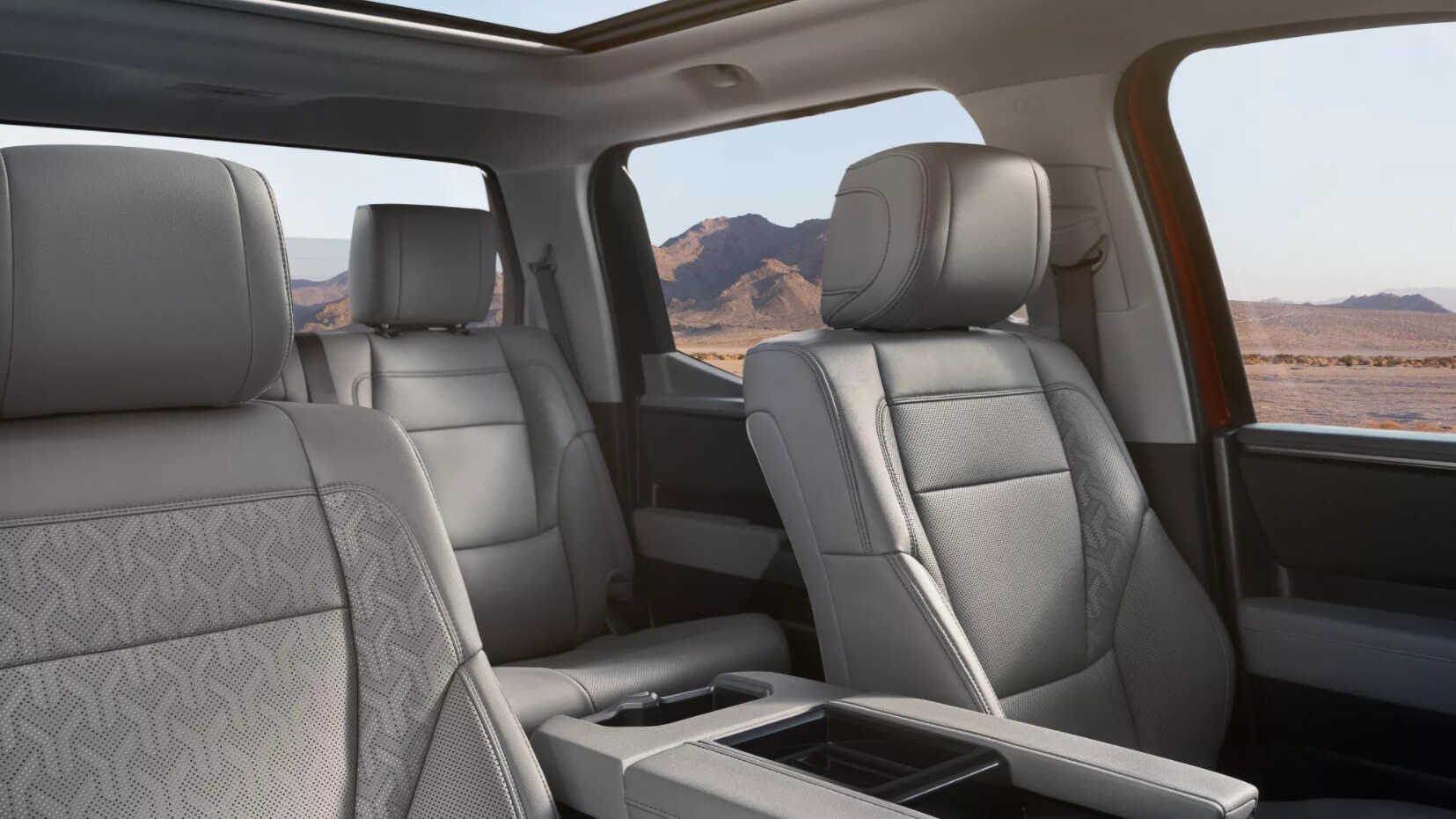 A view of the seating upholstered in gray leather of a 2023 Toyota Tundra