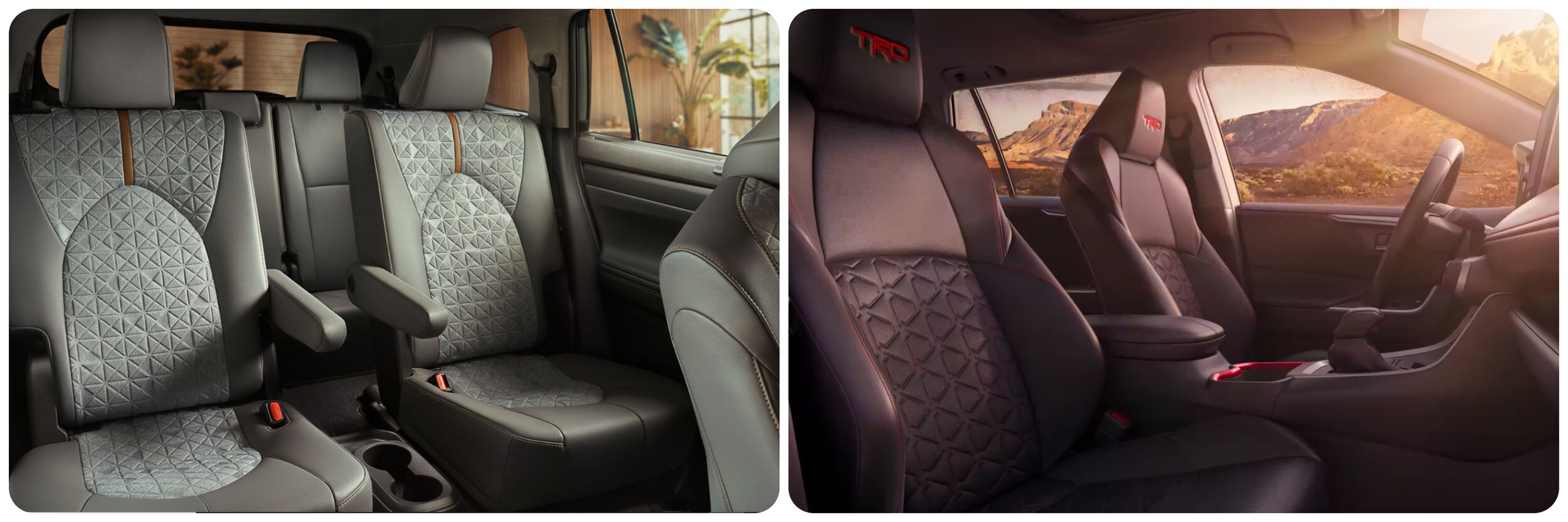 2023-toyota-highlander-vs-rav-4-5.jpg On the left a view of the 2023 Toyota Highlander interior and seating, and a view of the 2023 Toyota RAV4's on the right