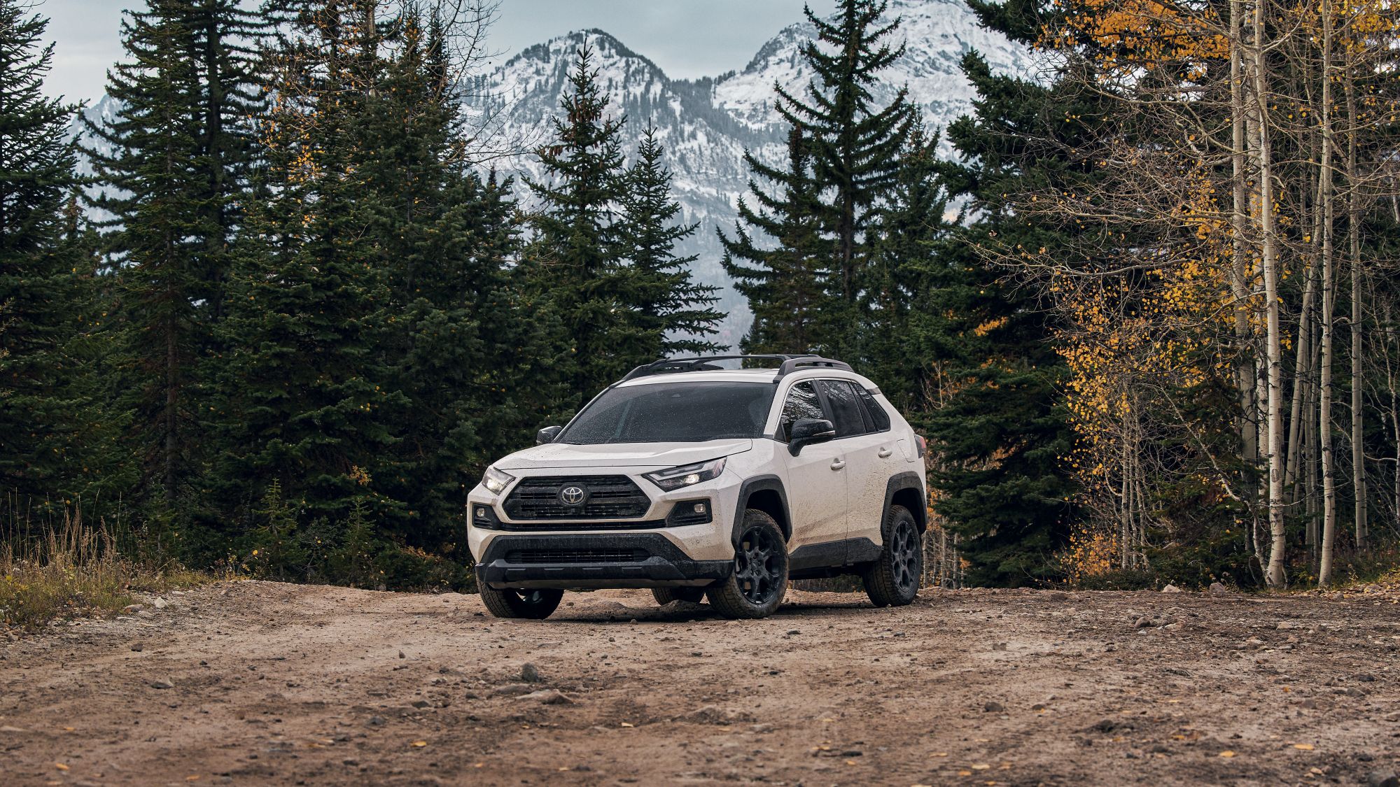 RAV_MY22_0052_V001_DzmditnpYN7w9bD0gY.jfif A Toyota Rav4 driving parked in a forest surrounded by snowy mountains.