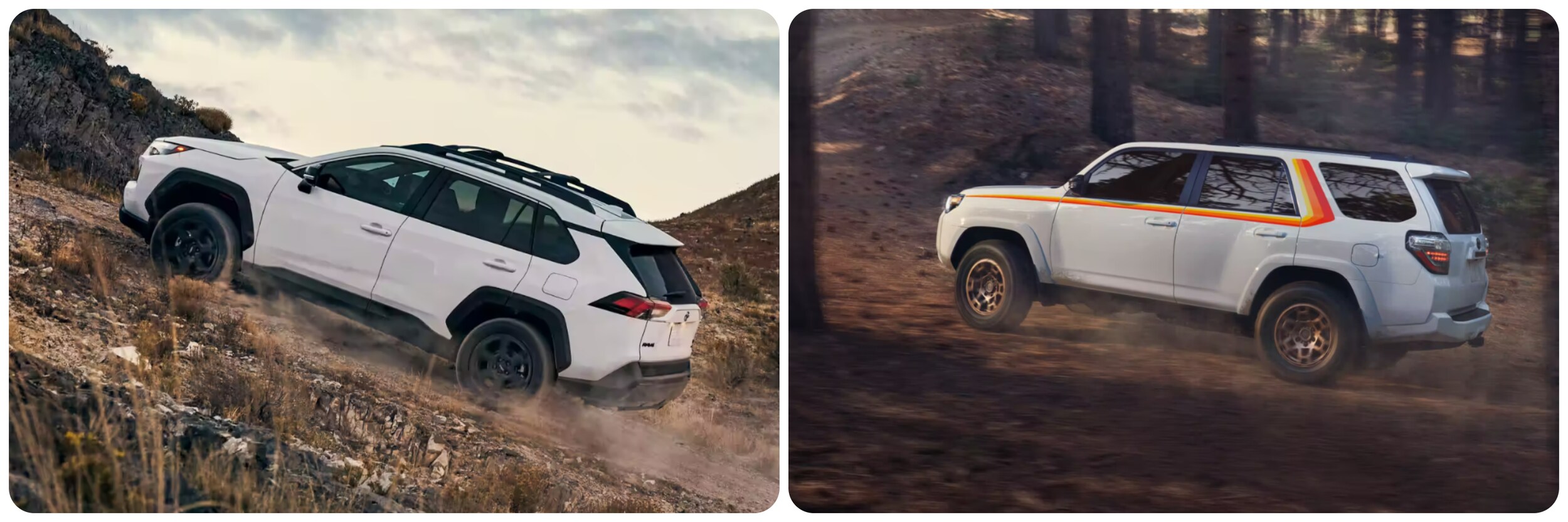 2023-toyota-rav4-vs-toyota-4runner-5.jpg On the left, a white 2023 Toyota RAV4 in profile view as it drives up a hill.  On the right a white 2023 Toyota 4Runner in profile view as it travels uphill