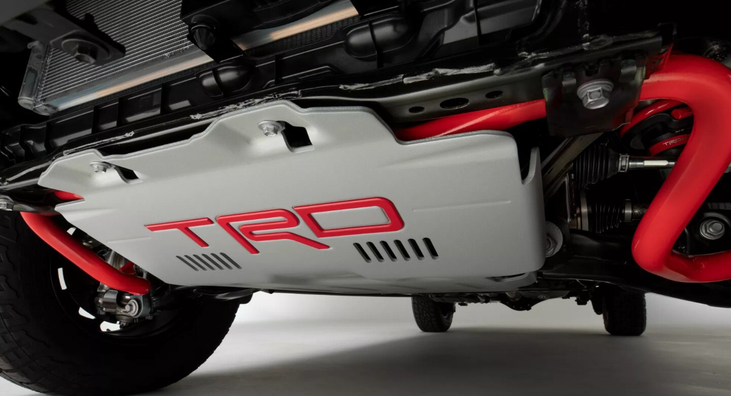 2022 Toyota Tundra Undercarriage Skid Plate.jpg A closeup of the groundplate with TRD logo underneath the chassis of a 2022 Toyota Tacoma