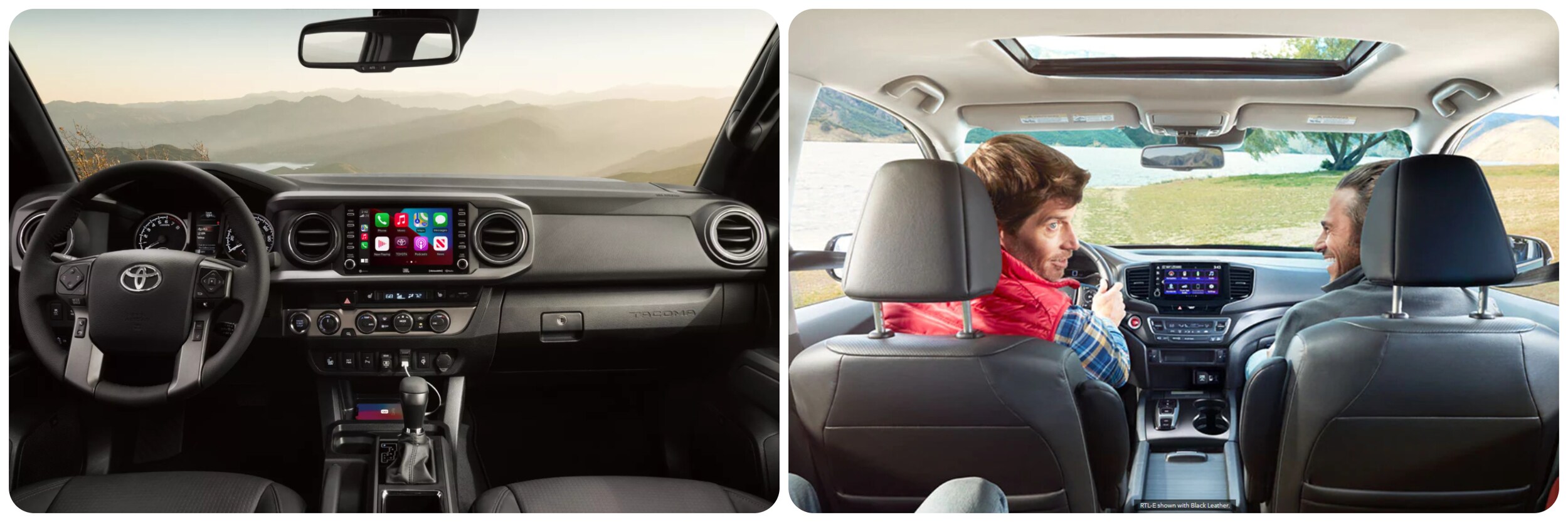 2022-toyota-tacoma-vs-honda-ridgeline-3.jpg On the right a view of the dash of a 2022 Toyota Tacoma. On the right two men sit in the front seat of a 2022 Honda Ridgeline