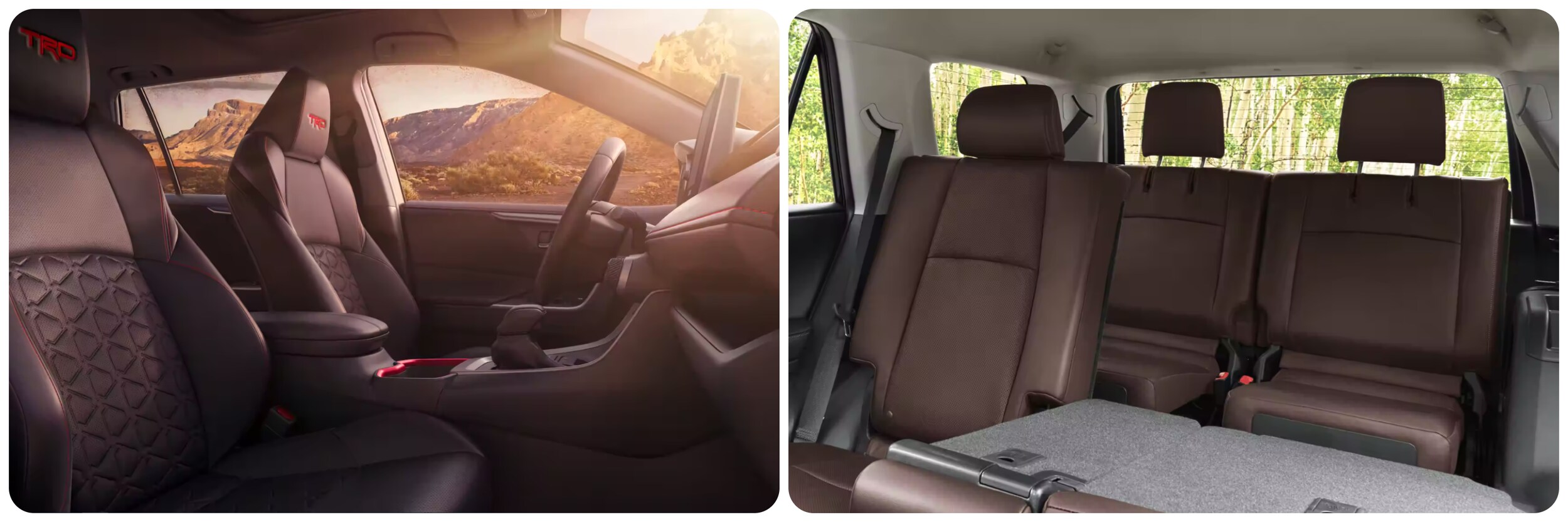 2023-toyota-rav4-vs-toyota-4runner-1.jpg On the left, a view of the seating and interior of a 2023 Toyota RAV4, a view of the interior of a 2023 Toyota 4Runner on the right.