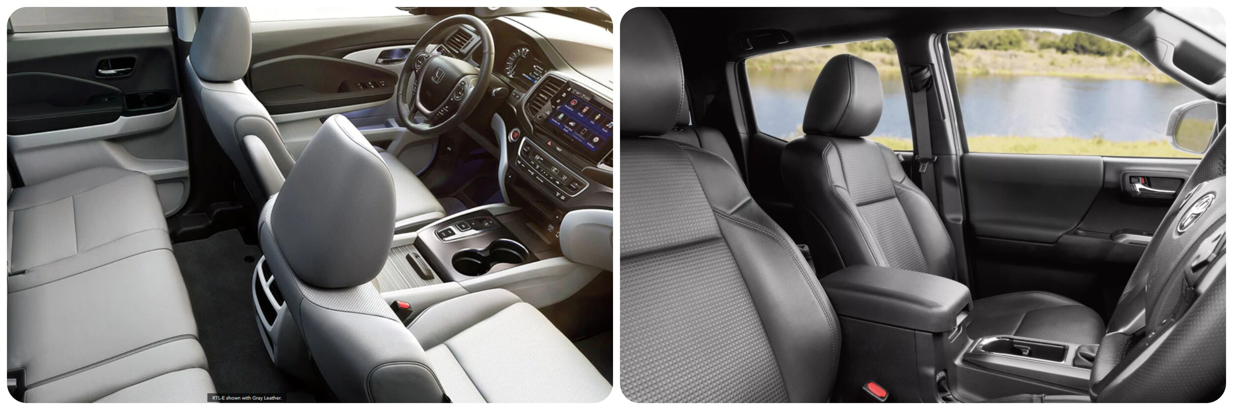 2022-toyota-tacoma-vs-honda-ridgeline-5.jpg On the right a view of the cabin of a 2022 Toyota Tacoma and on the right a view of the cabin of a 2022 Honda Ridgeline