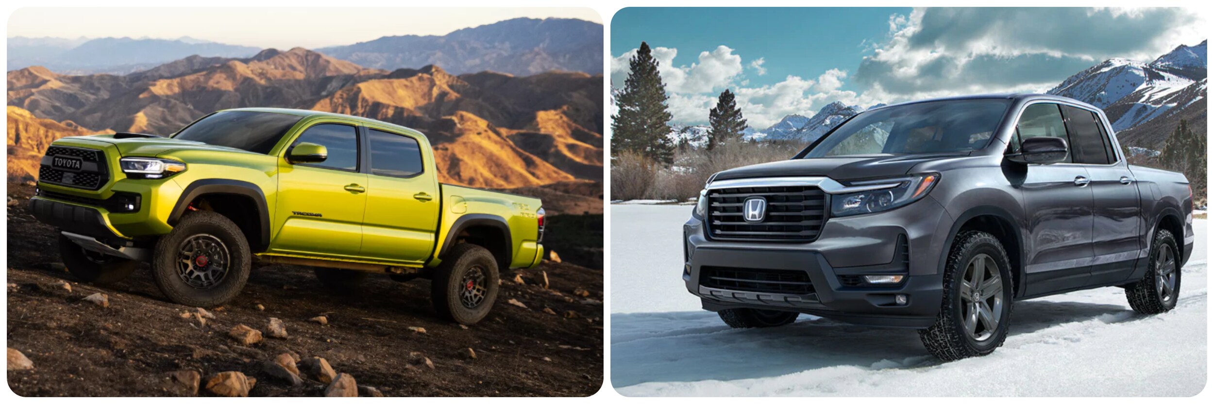 2022-toyota-tacoma-vs-honda-ridgeline-1.jpg On the left a lime green 2022 Toyota Tacoma sits parked on a rocky hill. On the right a gray 2022 Honda Ridgeline is parked in a snowy field.