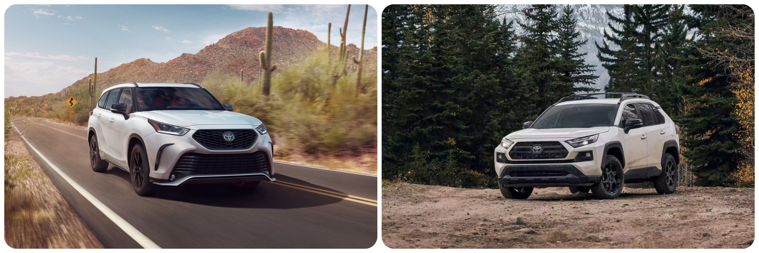 2023-toyota-highlander-vs-rav-4-1.jpg On the left a white 2023 Toyota Highlander drives down a desert road. On the right a white 2023 Toyota RAV4 sits parked in a coniferous forest.
