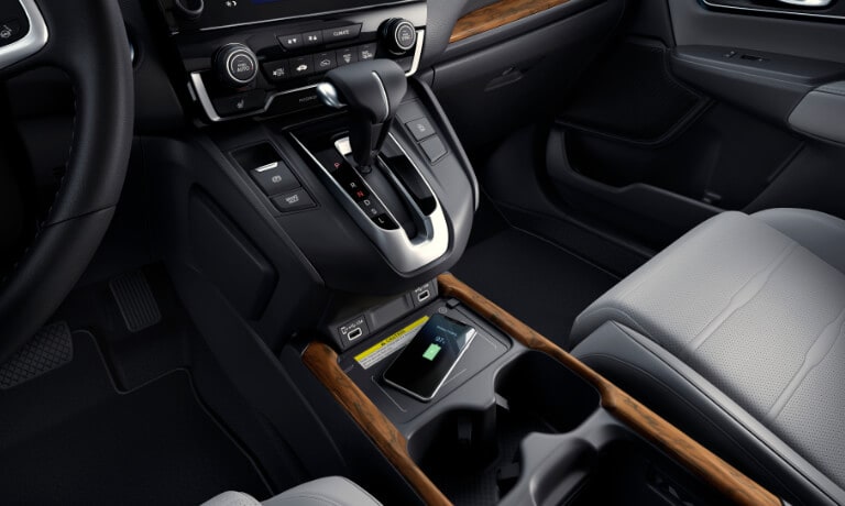 2020 Honda CR-V interior showing touch screen and cordless charging