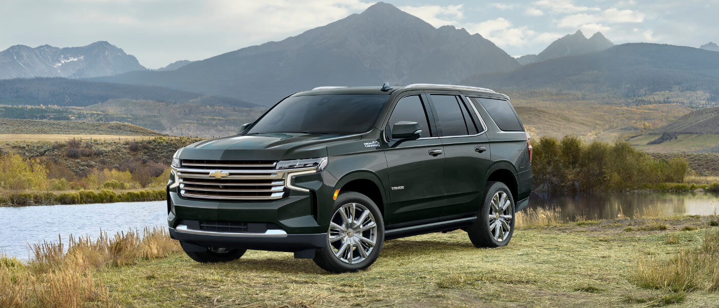 2022 Chevy Tahoe parked in front of mountains