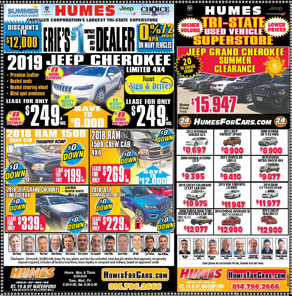 Special savings on new Chrysler Dodge Jeep and RAM vehicles at
Humes Chrysler Dodge Jeep RAM in Waterford, PA