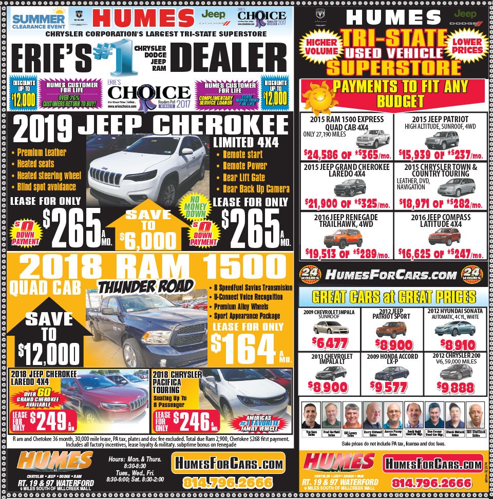 Special savings on new Chrysler Dodge Jeep and RAM vehicles at Humes Chrysler Dodge Jeep RAM in Waterford, PA