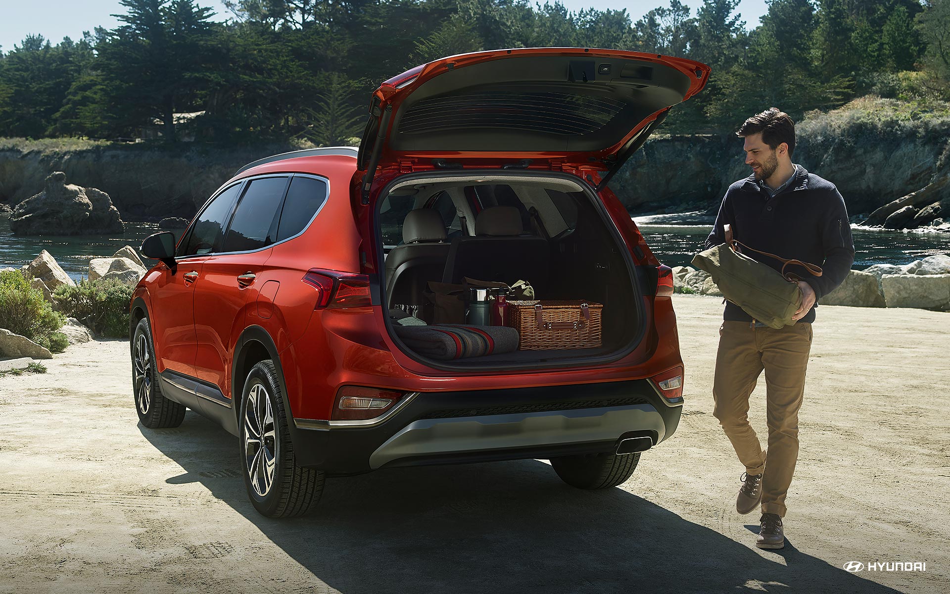 2020 Red Santa Fe with Tailgate Open