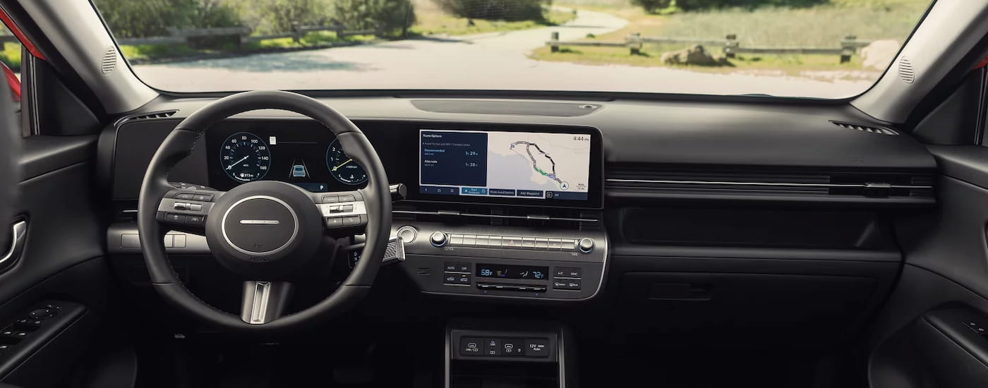 The black interior of a 2026 Hyundai Kona.