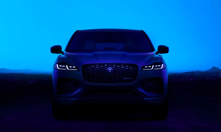2025 Jaguar F-PACE facing head on at night
