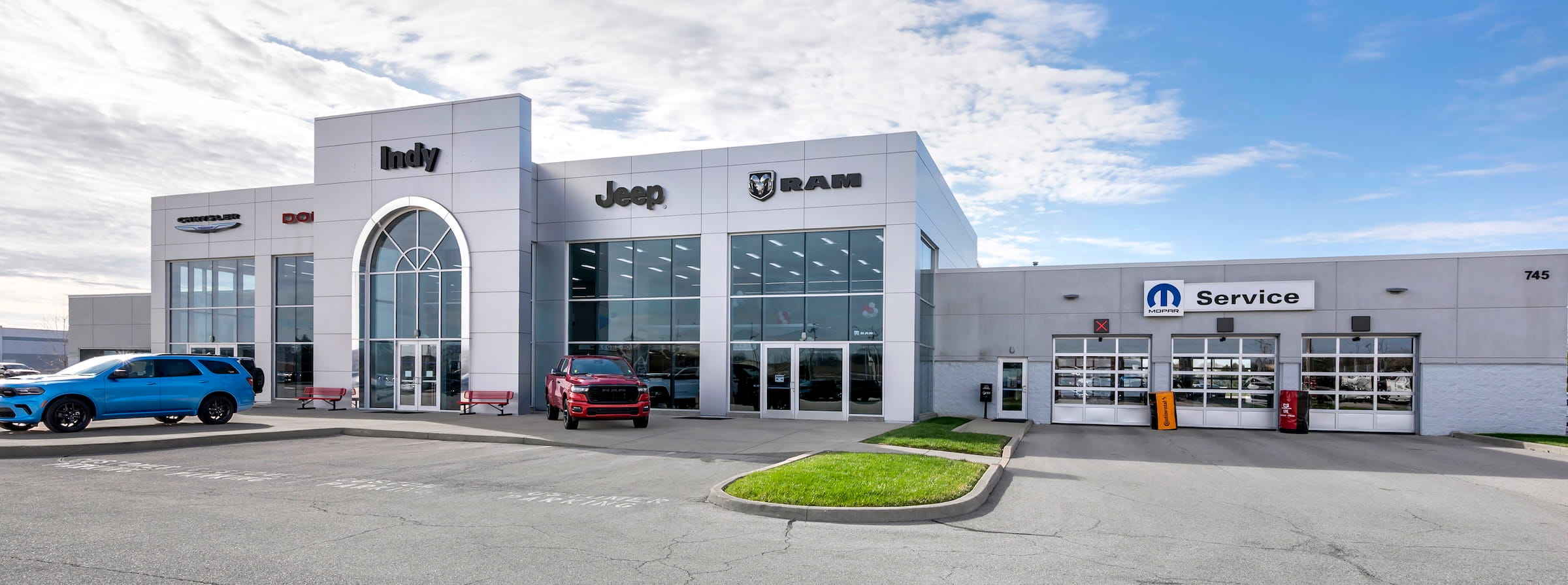 Indy Chrysler Dodge Jeep Ram dealership and Mopar service entrance in Brownsburg, Indiana