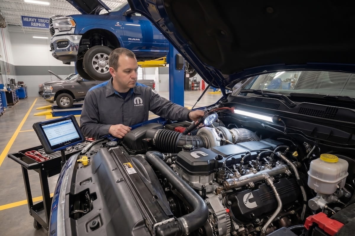 Mopar technician inspecting a Cummins diesel engine in a RAM Heavy Duty truck