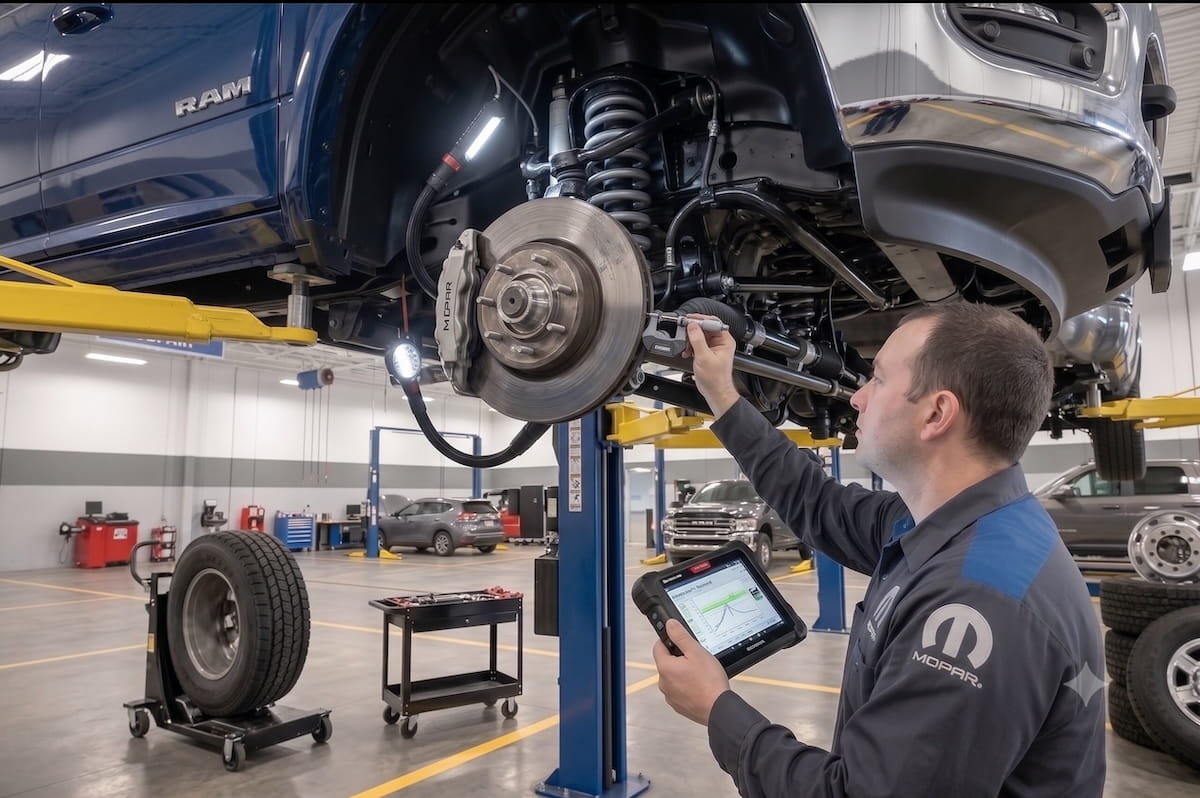 Mopar technician inspecting RAM truck brakes and front suspension