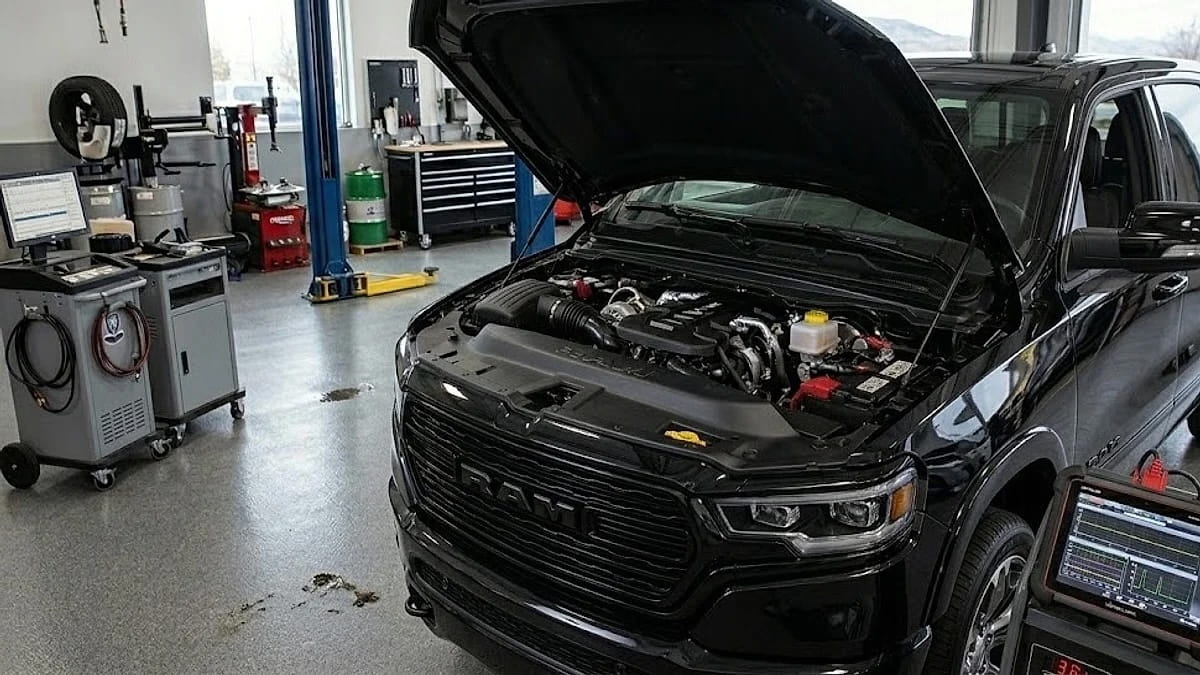 RAM pickup truck in a service bay for maintenance and diagnostic testing