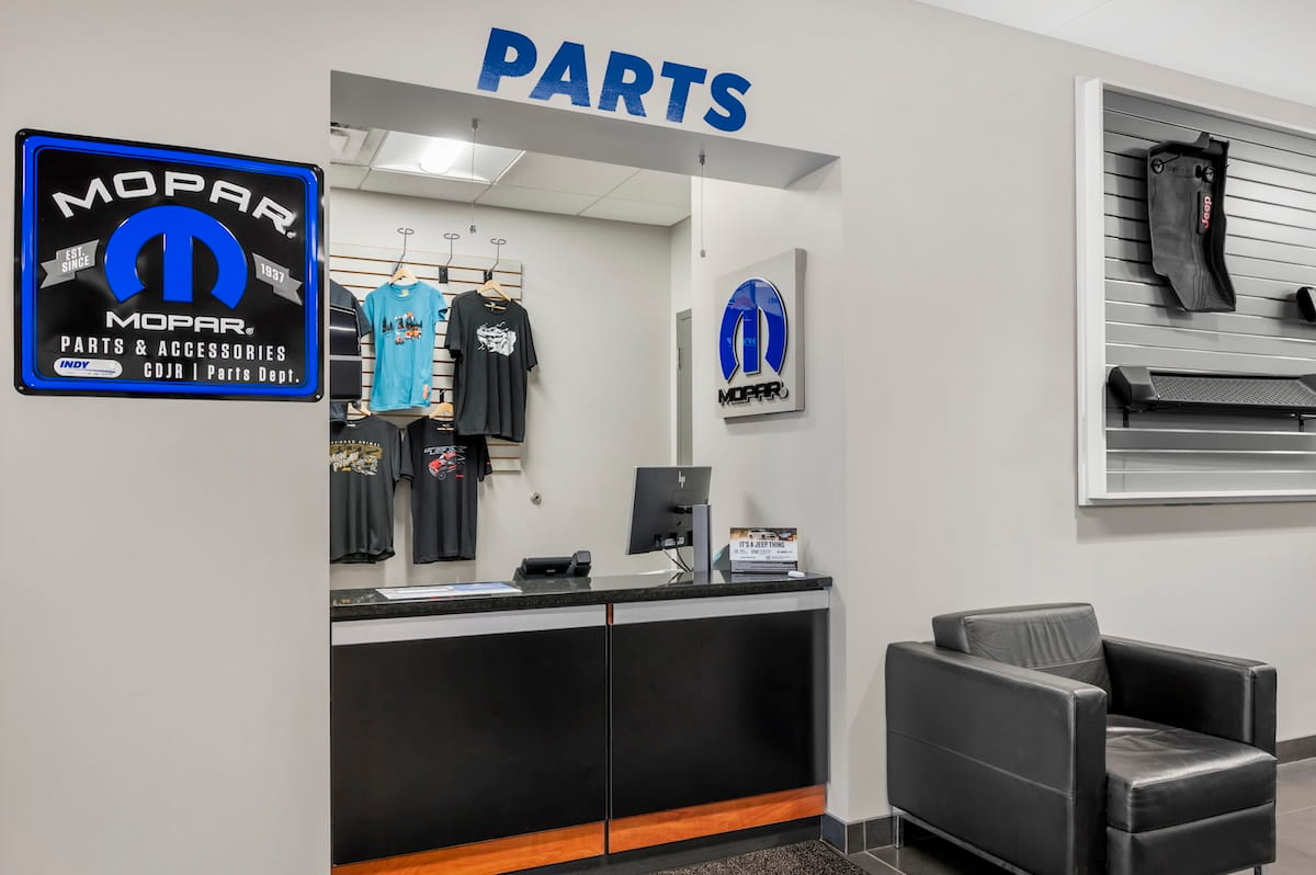 Mopar parts and accessories counter inside Indy CDJR in Brownsburg, Indiana