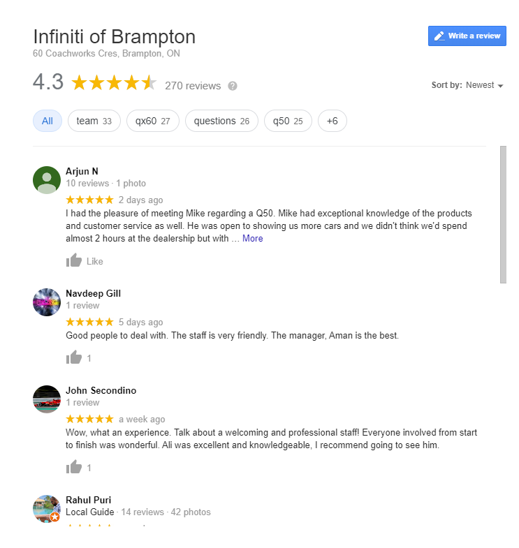 Google Reviews - Infiniti of Brampton Google Reviews - Infiniti of Brampton