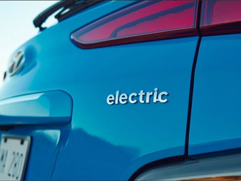 Close up of the Electric emblem on the Hyundai Kona from Electric Vehicle Dealer near Woodbury MN
