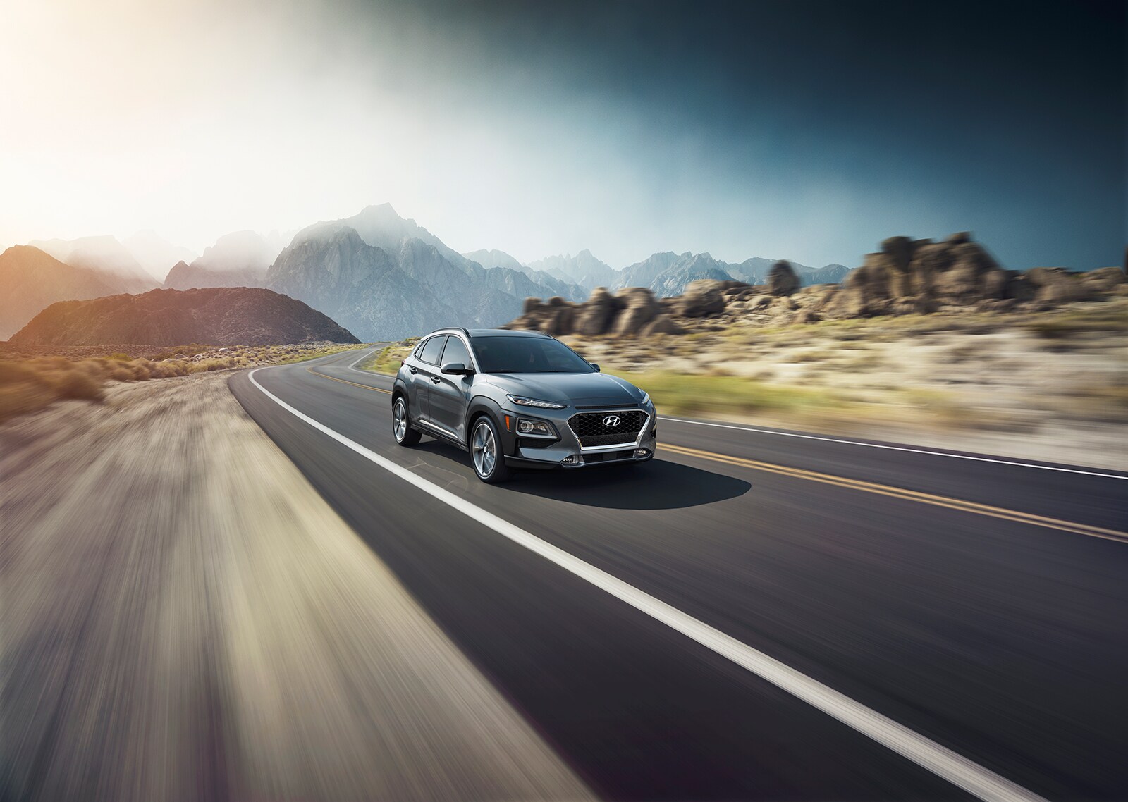 Jack Giambalvo Hyundai is a Hyundai Dealership in York near Red Lion, PA | 2020 Hyundai Kona driving on desert road