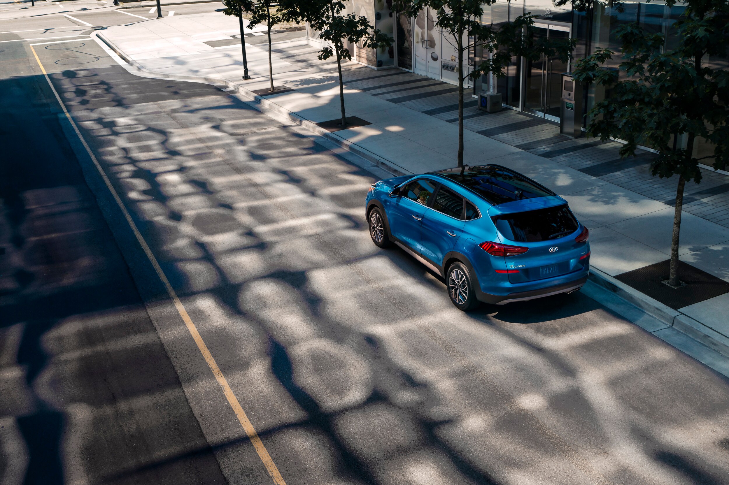 Jack Giambalvo Hyundai is a Hyundai Dealership in York near Red Lion, PA | Birds eye view of 2020 Hyundai Tucson parked on city street