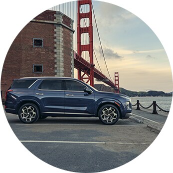 How to check your tires' health at Jack Giambalvo Hyundai | Dark blue Palisade parked by massive red bridge and river