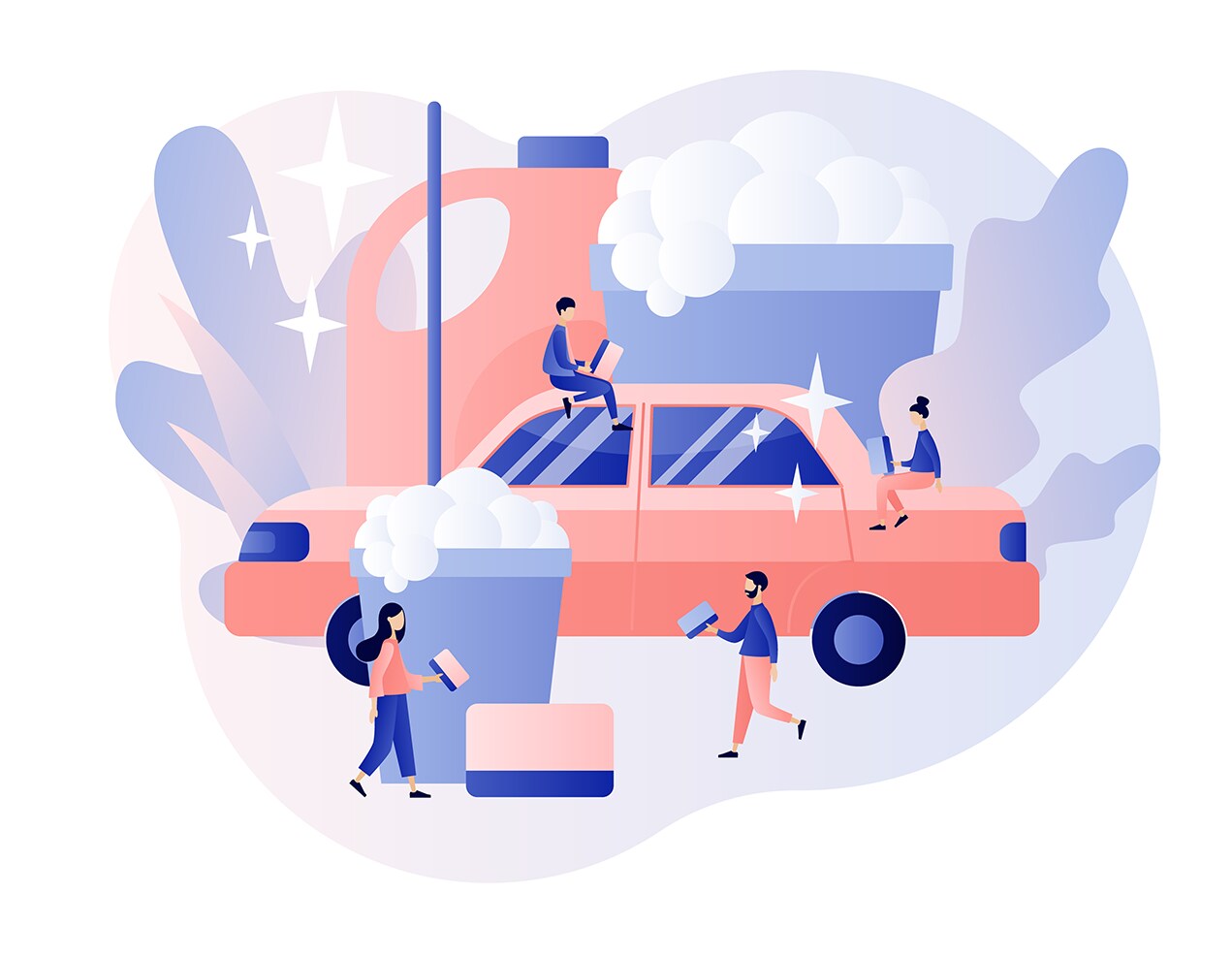 Tips for spring cleaning your car at Jack Giambalvo Hyundai in York, PA | illustration of people washing and cleaning a pink color car